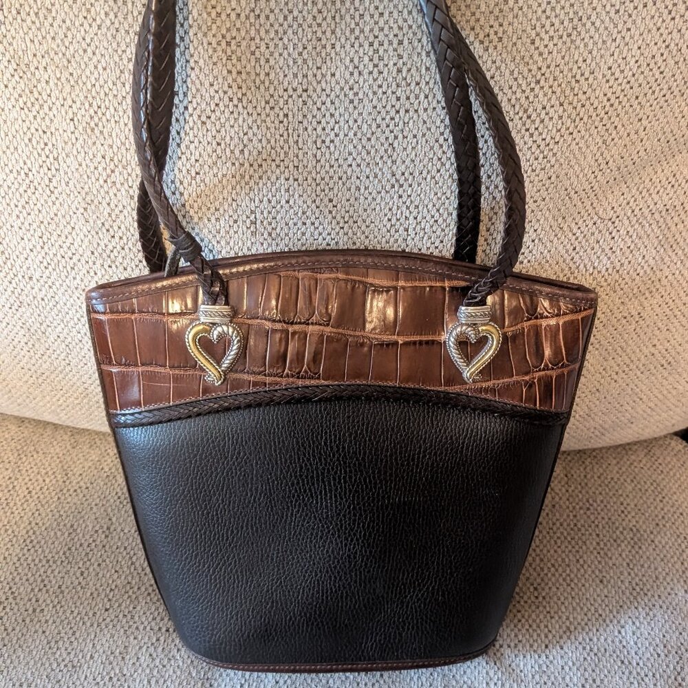 Brighton Courtney Black Pebbled Leather Croc Embossed Tote Handbag